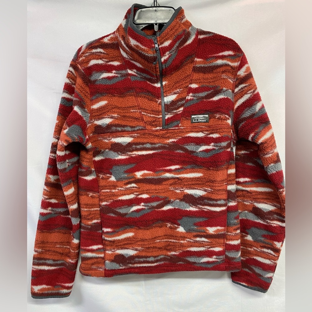 L.L. Bean Women Red Orange Gray Aztec Southwest 1/4 Zip Pullover Fleece Sm-reg